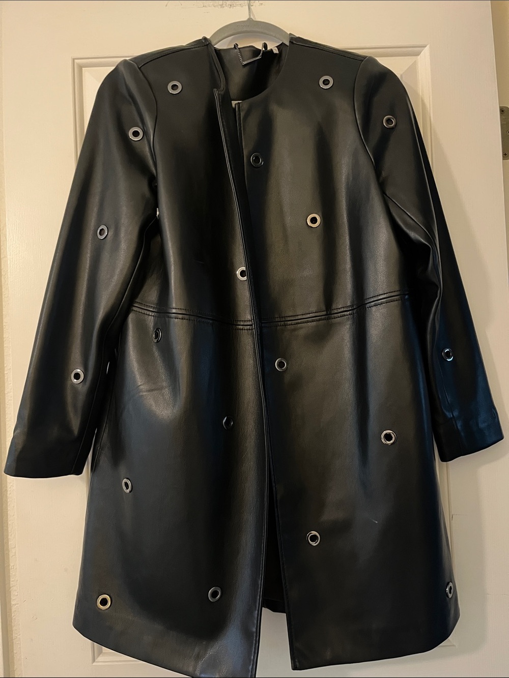 Chico's Black Faux Leather Grommet-Accent Coat